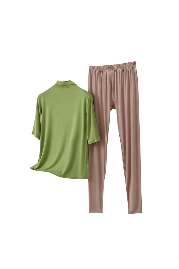 Womens 2 Piece Outfit Modal Lounge Set Casual Mock Neck Short Sleeve Tops and Slim-Fit Leggings Soft Comfy Pajamas Brown XXL