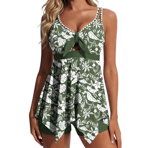 MGDXOX Womens Bathing Suits Two Piece Floral Swimsuit Tummy Control Modest Tankini with Shorts Flowy Cut Out Swim Dresses Green L