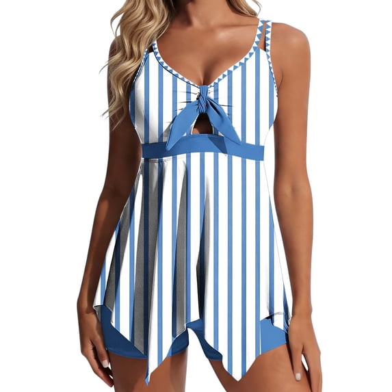 MGDXOX Womens Bathing Suits Two Piece Floral Swimsuits Tummy Control Modest Tankini with Shorts Flowy Cut Out Swim Dresses Sky Blue XXL