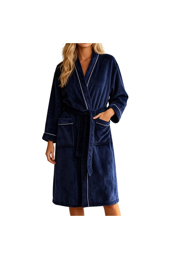 Womens Contrast Piping Lapel 3/4 Sleeve Flannel Fleece Bath Robe Belted Mid Length Soft Warm Casual Home Spa Loungewear Robe Blue Free Size