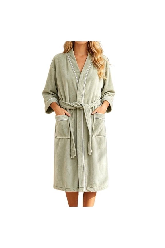 Womens Contrast Piping Lapel 3/4 Sleeve Flannel Fleece Bath Robe Belted Mid Length Soft Warm Casual Home Spa Loungewear Robe Green Free Size