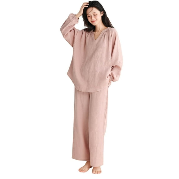 MGDXOX Womens Cotton Gauze Pajama Sets Crew Neck Button Down Sleepwear and Pants 2 Piece Solid Lounge Muslin Pj Set Pink L