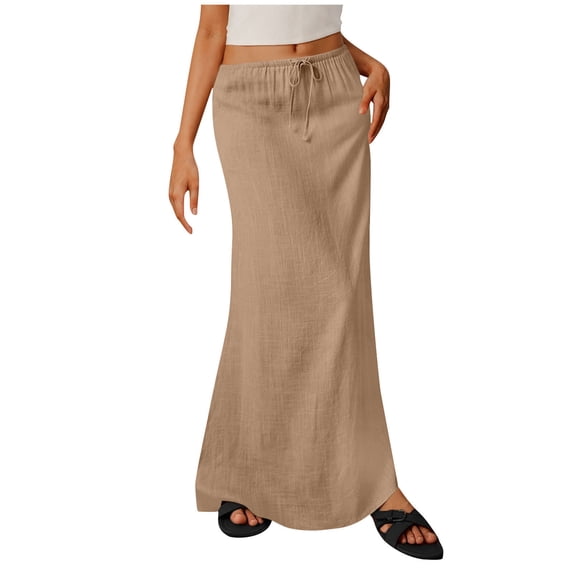 MGDXOX Womens Cotton Linen Maxi Skirt Elastic Drawstring Waist Mermaid Hem Flowy Skirt Casual Summer Skirt for Beach Vacation Khaki L