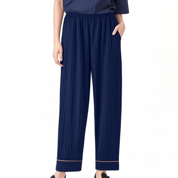 MGDXOX Womens Cotton Pajama Pants Lightweight Soft Lounge Sleep Bottoms Ribbed Knit Solid Color Pajamas Pant with Pockets Dark Blue L