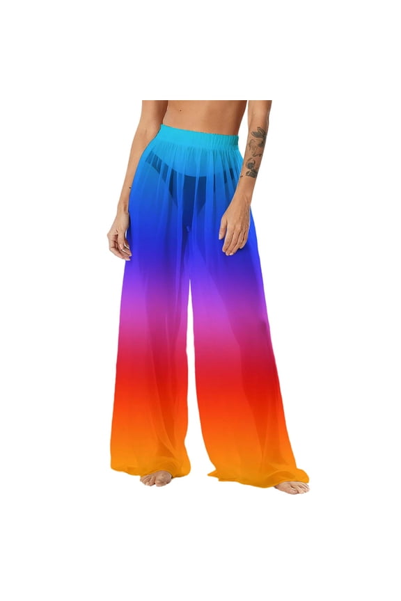Womens Cover Up Pants See Through Sheer Mesh Chiffon Beach Pants Boho Wide Leg Palazzo Pant Bikini Bottom Cover-Ups Multicolor M
