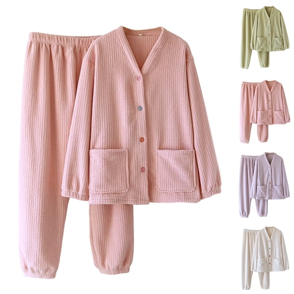 MGDXOX Womens Fall Winter Fleece Pajama Sets Long Sleeve Button Sleepwear Tops with Pockets Long Pants Loungewear Sets Purple XL