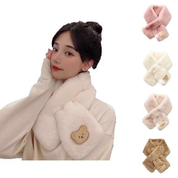 MGDXOX Womens Faux Fur Collar Scarf Embroidery Bear Faux Fur Scarves Solid Color Soft Warm Neck Shrug for Spring Fall Winter Khaki