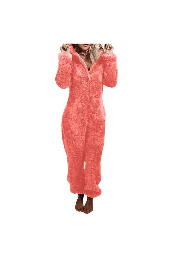 Womens Fleece Fuzzy Onesie Pajamas Winter Warm Sherpa Fluffy Jumpsuit Sleepwear Plush Soft Hooded Romper Loungewear Orange S