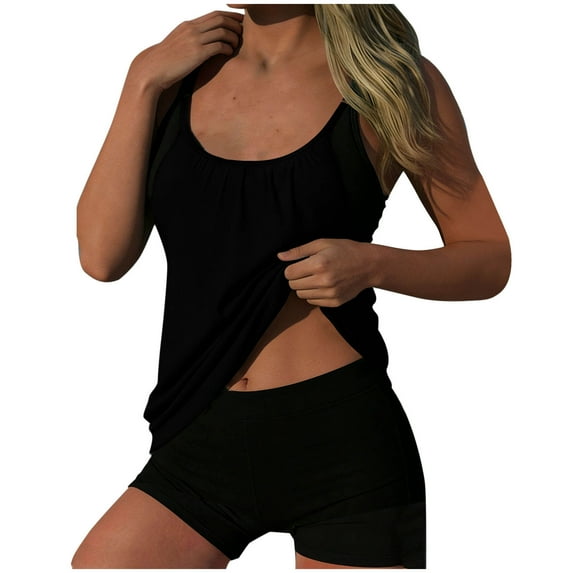 MGDXOX Womens Flowy Tankini Tops Modest Bathing Suit Loose Fit Two Piece Swimsuit Scoop Neck Swim Tops High Waisted Bottom Black M
