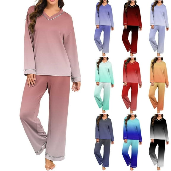 MGDXOX Womens Gradient Color Pajama Sets Long Sleeve Pajamas Sets 2 Piece Lounge Sets Soft Pj Sets Fall Sleepwear with Pockets White XXL