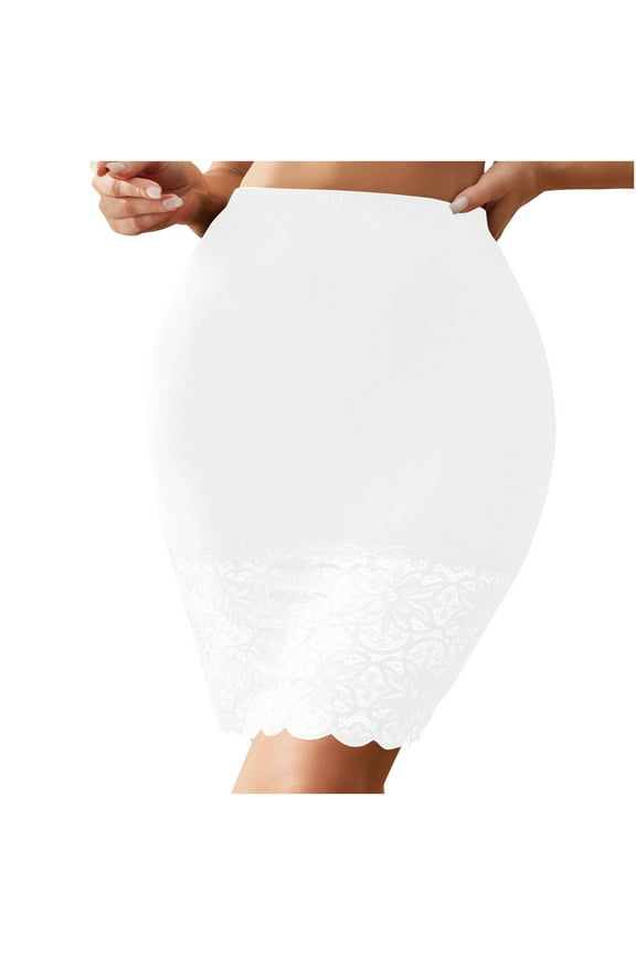 Womens Half Slip with Lace Trim Seamless Smoothing Underskirt Mid-Length Under Dresses Above Knee Skirt White M
