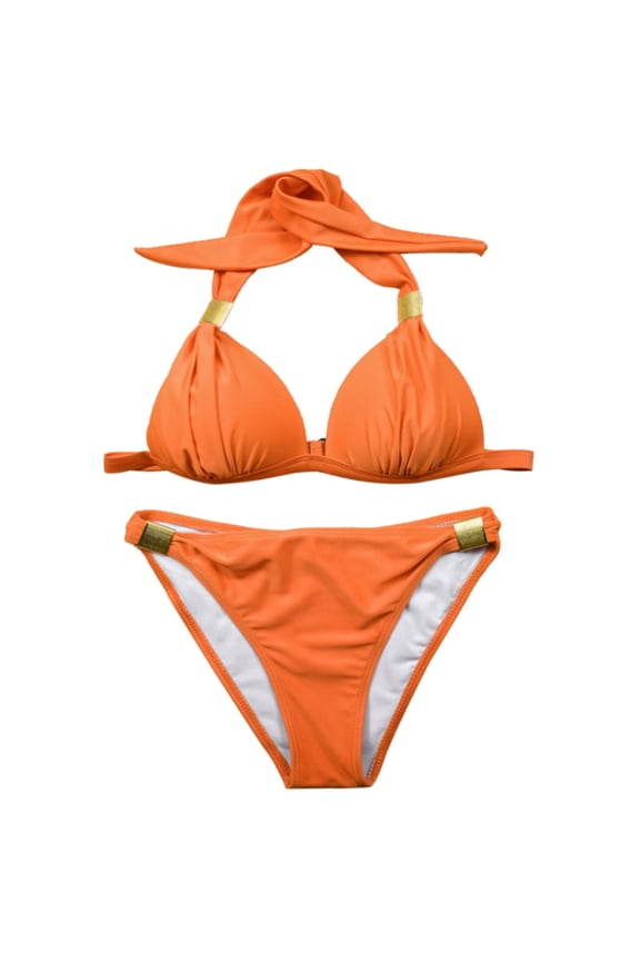 Womens Halter Bikini Sets Self Tie Bra Matching Thong Solid Color Bathing Suits Two Piece Beach Swimsuits Orange XXL