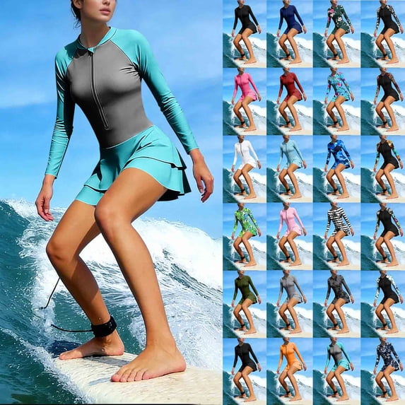 MGDXOX Womens Long Sleeve Two Piece Rash Guard Modest Swimsuits Dress Zipper Surfing Bathing Swimkirt with Shorts Sky Blue L
