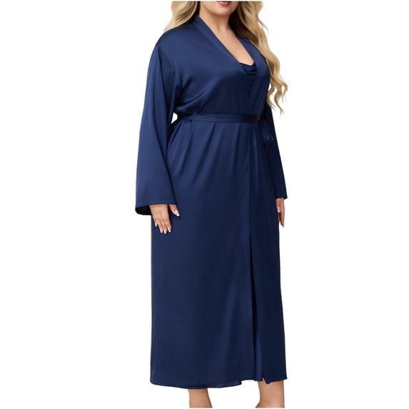 MGDXOX Womens Nightgown and Robe Set Long Sleeves Robes 2 Piece Bathrobe Set V-neck Cami Sleepwear with Pockets Plus Size Pjs Navy XXXXXL