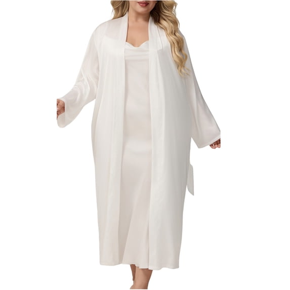 MGDXOX Womens Nightgown and Robe Set Long Sleeves Robes 2 Piece Bathrobe Set V-neck Cami Sleepwear with Pockets Plus Size Pjs White XXXXXL