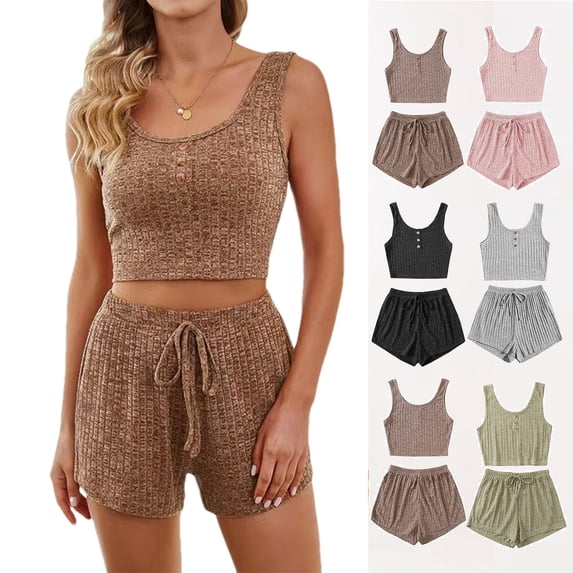 MGDXOX Womens Pajama Sets 2 Piece Ribbed Knit V Neck Tank Tops Drawstring Lounge Shorts Sleepwear Lounge Sets Outfits Black XL