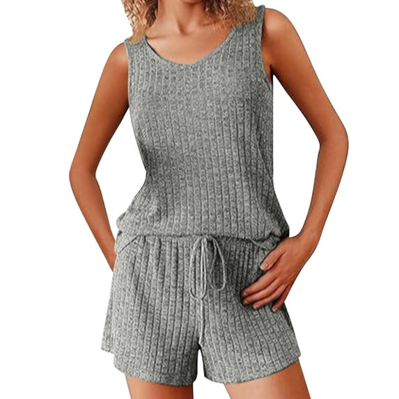 MGDXOX Womens Pajama Sets 2 Piece Ribbed Knit V Neck Tank Tops Drawstring Lounge Shorts Sleepwear Lounge Sets Outfits Gray S