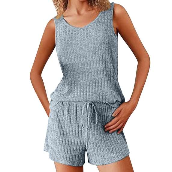 MGDXOX Womens Pajama Sets 2 Piece Ribbed Knit V Neck Tank Tops Drawstring Lounge Shorts Sleepwear Lounge Sets Outfits Light Blue L