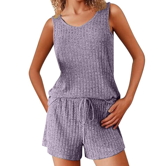 MGDXOX Womens Pajama Sets 2 Piece Ribbed Knit V Neck Tank Tops Drawstring Lounge Shorts Sleepwear Lounge Sets Outfits Purple S