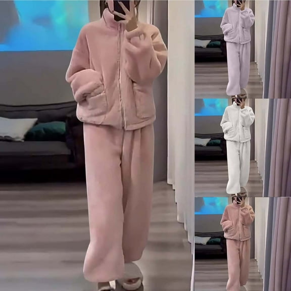 MGDXOX Womens Pajama Sets Fuzzy Fleece Sleepwear Pjs 2 Piece Lounge Set Nightwear Comfy Thermal Warm Pajamas Outfits White M