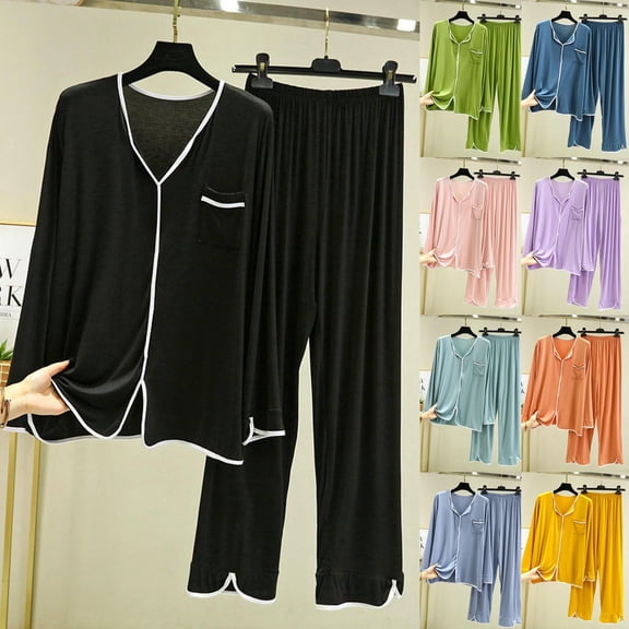 MGDXOX Womens Pajamas Set 2 Piece Outfits Casual Crew Neck Long Sleeve Sleepwear Pants Suits Comfy Loungewear with Pocket Purple XL