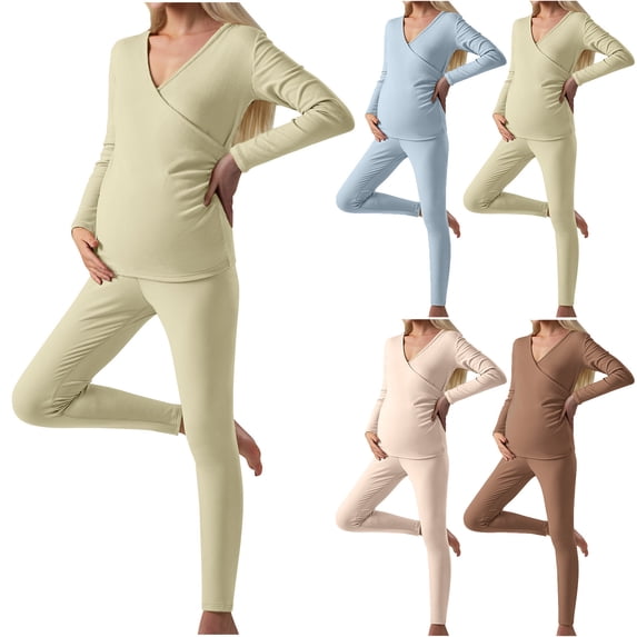 MGDXOX Womens Pajamas Sets 2 Piece Breastfeeding V Neck and Pants Casual Solid Color Long Sleeve Lounge Sets Light Blue M