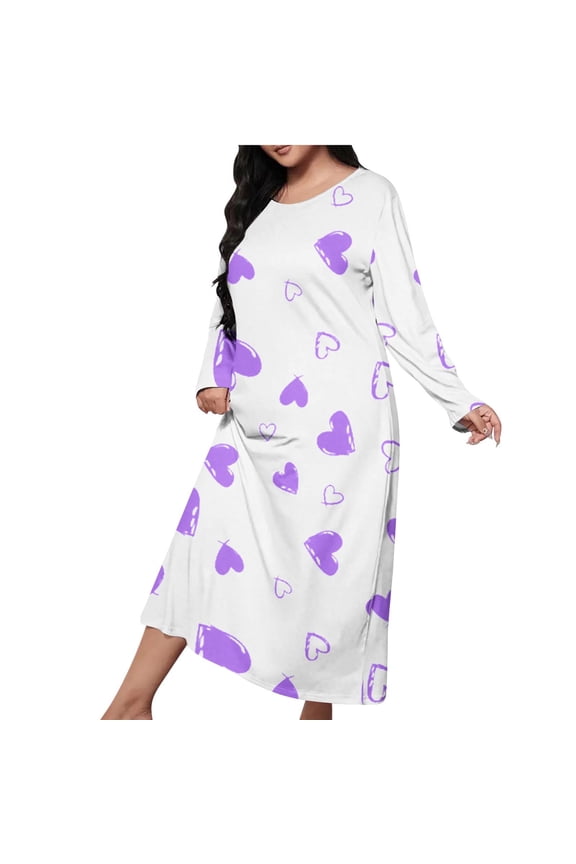 Womens Plus Size Nightgowns Polka Dot Printed Nightdress Comfy Crew Neck Loungewear Soft Long Sleeve Sleepwear Purple XXL