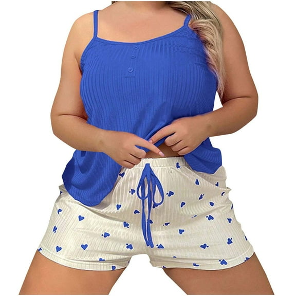 MGDXOX Womens Plus Size Pajama Set 2 piece Pjs Sleeveless Cami Tops Heart Printed Shorts Drawstring Soft Lounge Set Loungewear Blue XXL
