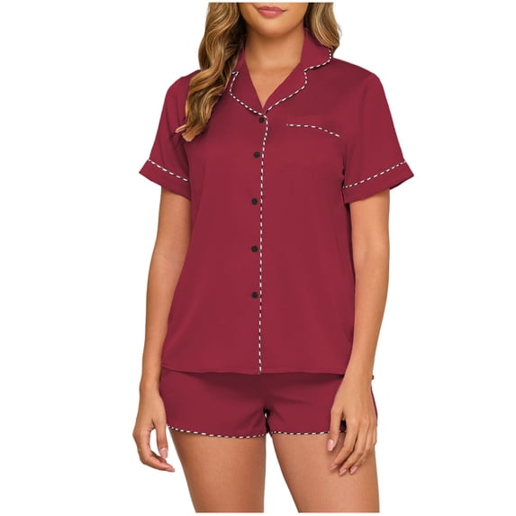 MGDXOX Womens Silk Satin Pajamas Set 2 Piece Short Sleeve Turndown Collar Sleepwear Button Down Loungewear Pjs Set Wine XXL