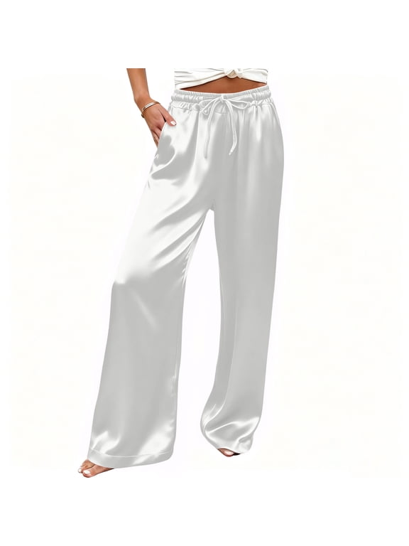 Womens Silky Satin Drawstring High Waist Wide Leg Palazzo Pants Elastic Waist Draping Soft Casual Sleep Lounge Bottoms White S