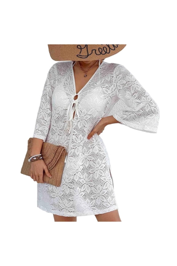 Womens Swimsuit Crochet Cover Up Summer Mesh Knit Bathing Suit Dress Hollow Out Beach Swimwear For Vacation Outfits White L