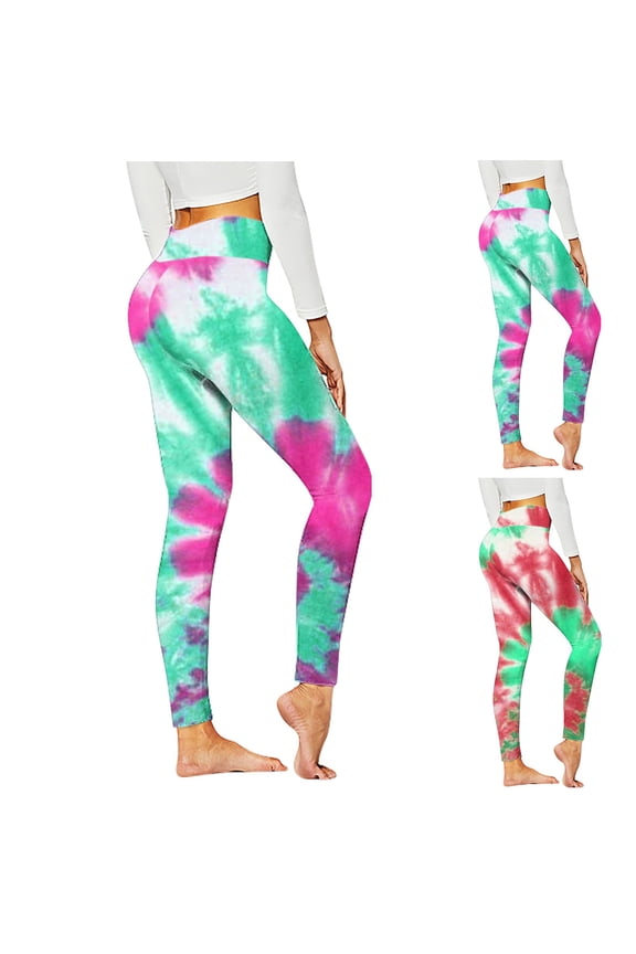 Womens Tie Dye Printed Leggings Tummy Control Butt Lifting Full Length High Waist Workout Fitness Running Yoga Pants Green S