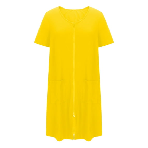 MGDXOX Womens Zipper Robes Soft Short Sleeve Housecoat Lightweight Comfy Bathrobes Casual Nightgown with Pockets Loungewear Yellow M