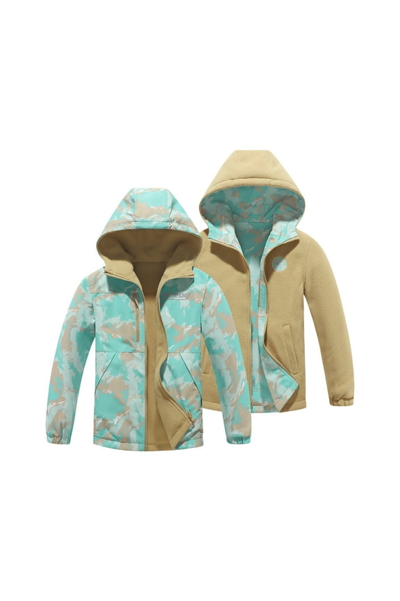 Boys Girls Reversible Jacket Lightweight Waterproof Fleece Lined Raincoat for Kids（4-12）