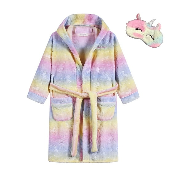 MGEOY Boys Girls Unicorn Robe Soft Hooded Flannel Bathrobes for Kids With Silk Eye Sleep Mask
