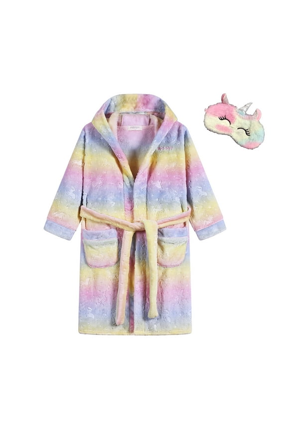 Boys Girls Unicorn Robe Soft Hooded Flannel Bathrobes for Kids With Silk Eye Sleep Mask