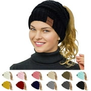 MGEZCOO 1&2 Packs Ponytail Beanie for Women,Winter Warm Beanie Tail Soft Stretch Cable Knit Messy High Bun Hat