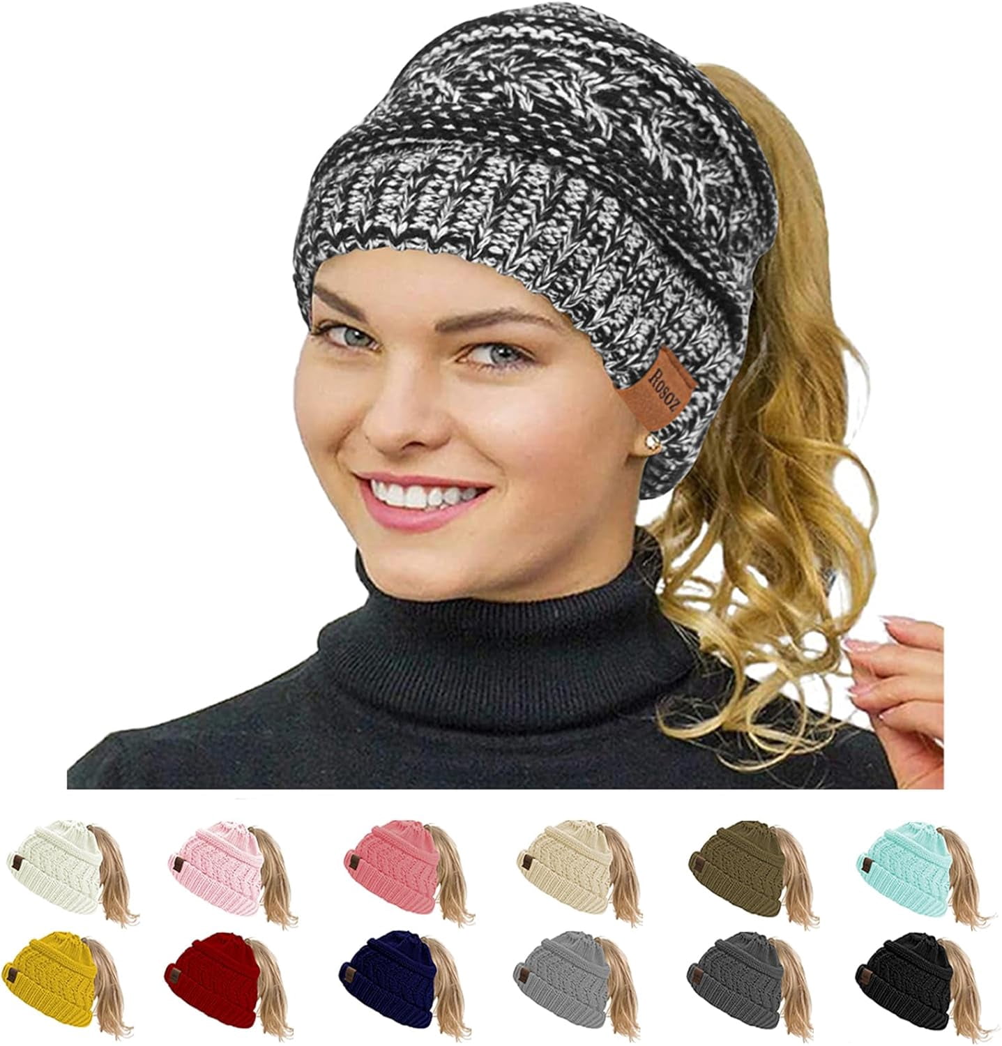 Damen Beanie Mit Zopfstrick Und Messy-Bun-Öffnung – Dehnbar, Aus Baumwolle/Polyester, Einheitsgröße