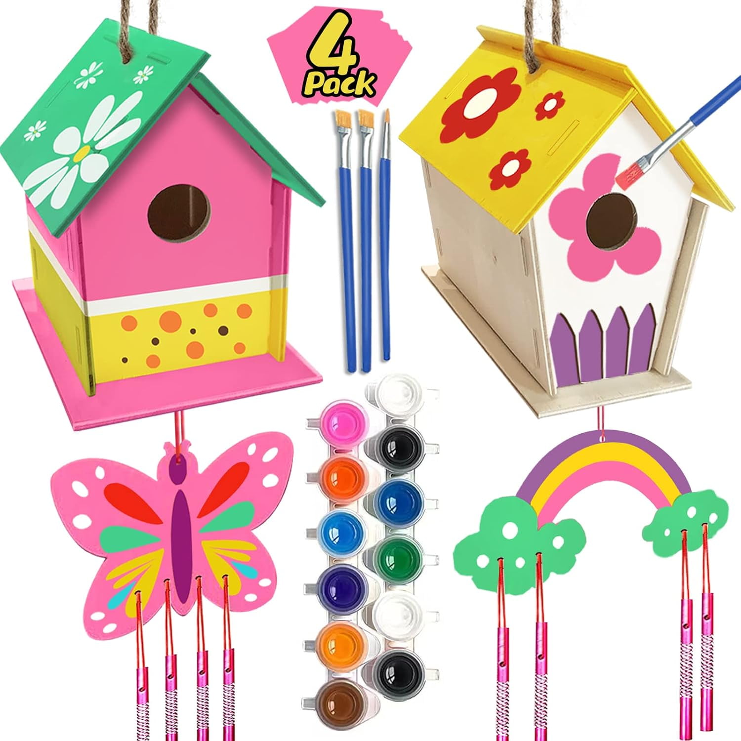 MGEZCOO Ages 4-8 - 4 Pack DIY Bird House Wind Chime Kit - Build and Paint Birdhouses Wooden Arts Kits Easter Basket Stuffers Gifts for Girls Kids Boys Toddlers Ages 3-5 4-6 6-8 8-12