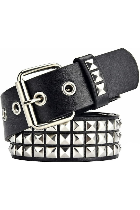 MGEZCOO Black Studded Belt Punk Rock Rivet Belt Grommet Threads Belt with Bright Metal Pyramid for Women Men