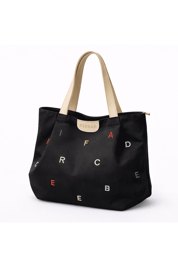 Women’s Tote Bag, Large Zipper Top Shoulder Tote, Letter Embroidered Casual Travel Handbag, Black