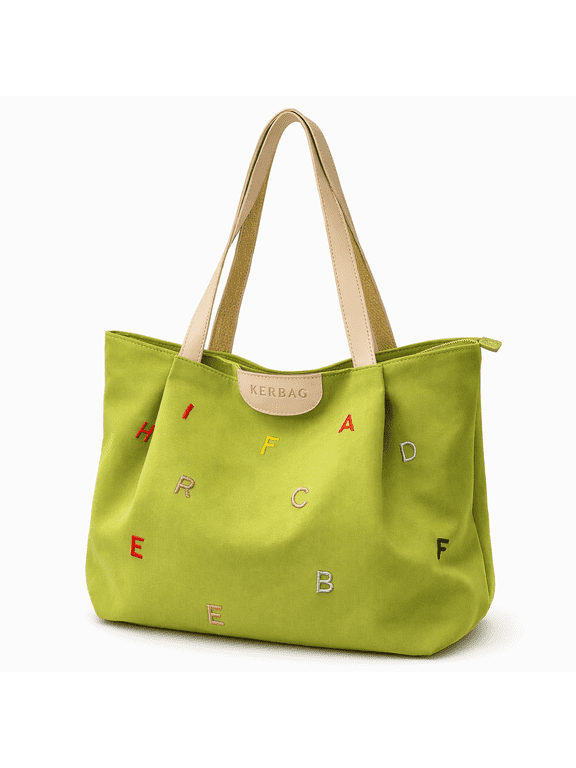 Women’s Tote Bag, Large Zipper Top Shoulder Tote, Letter Embroidered Casual Travel Handbag, Green