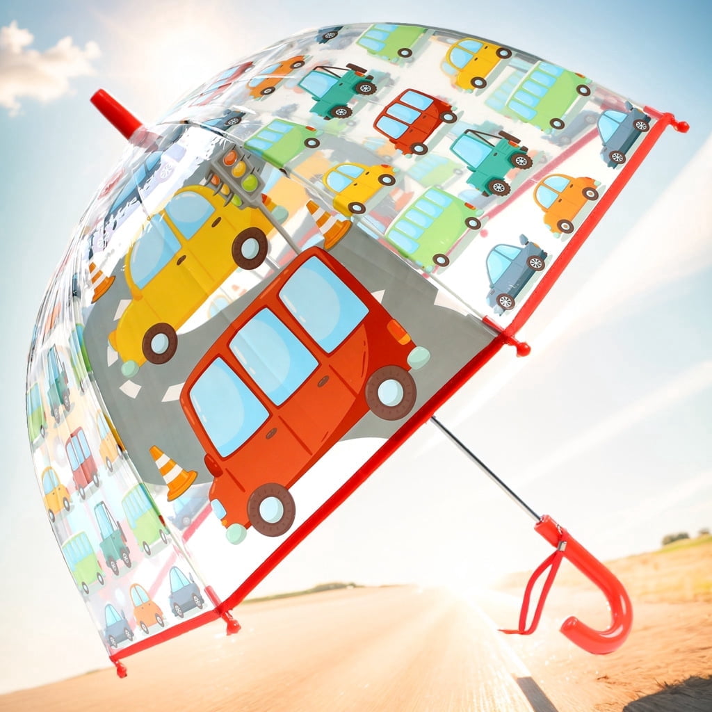 Kid's Clear Transparent Umbrella with Cartoon Cars Pattern, Red Trim, Durable Windproof Children's Rain Umbrella for Boys, Toddler Outdoor Rain Gear