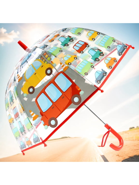 Kid's Clear Transparent Umbrella with Cartoon Cars Pattern, Red Trim, Durable Windproof Children's Rain Umbrella for Boys, Toddler Outdoor Rain Gear