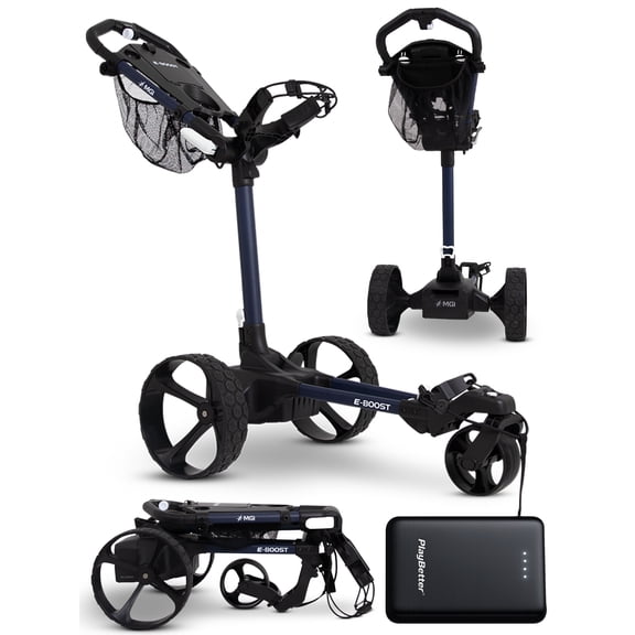 MGI E-Boost (Navy) Golf Push Cart Bundle with Storage Net, Built-in Cup Holder, Scorecard Holder, Golf Ball Holder & PlayBetter Portable Charger