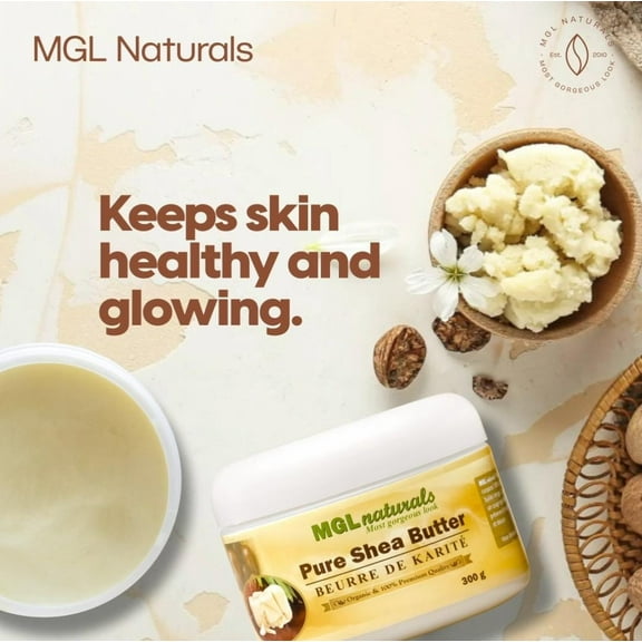 MGL Naturals Unrefined African Shea Butter whipped, 100% Raw, Organic | Apple and honeysuckle scented. Moisturizing body and hair butter from Ghana. 11 oz / 300g