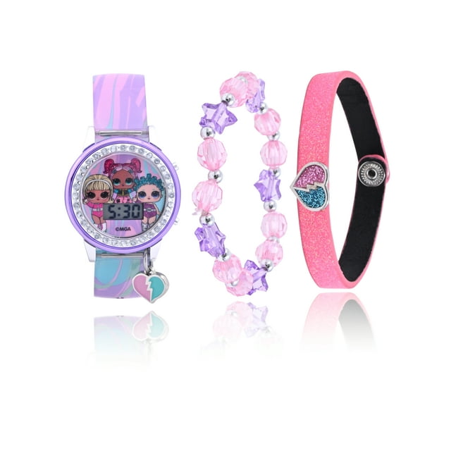 MGM Entertainment LOL Surprise! Girl's Flashing LCD Ombre Silicone Watch & Matching Bracelets 3 Piece Set