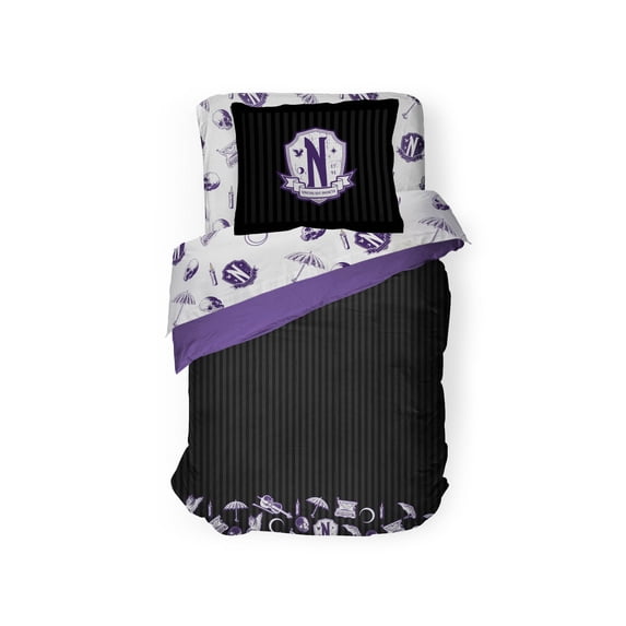 MGM Wednesday Addams Patches Purple 5 Piece Twin Size Bed Set with Sham