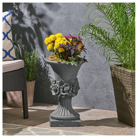 MGO Garden Urn Planter - 19.5" Tall Elevated Plant Pot for Flowers, Herbs, Succulents & Vegetables - Weather Resistant Indoor/Outdoor Planter Antique Gray + Magnesium Oxide
