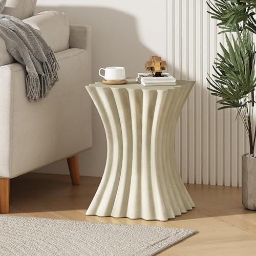 MGO Wavy Antique End Table for Indoors and Outdoors, 16.75" Vintage Magnesium Oxide (MGO) Side Table, Small Bedside Table Nightstand for Living Room Bedroom Balcony Terrace No Assemble$$Furniture